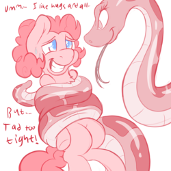 Size: 2000x2000 | Tagged: safe, artist:fluffyxai, pinkie pie, pony, snake, g4, animal, coiling, coils, constricted, constriction, forked tongue, high res, long tongue, nervous, nervous smile, smirk, sweat, tongue out, wrapped up