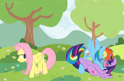 Size: 1109x721 | Tagged: safe, artist:ambris, artist:barrfind, artist:leopurofriki, artist:thesketchypony, edit, fluttershy, rainbow dash, twilight sparkle, alicorn, pony, g4, female, jealous, kissing, lesbian, mare, scene, ship:twidash, shipping, twilight sparkle (alicorn), vector