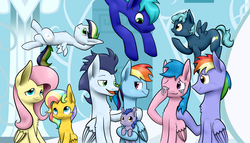 Size: 7000x4000 | Tagged: safe, artist:lpslover482, firefly, fluttershy, rainbow blaze, rainbow dash, soarin', oc, oc:clear skies, oc:flying colour, oc:lightning bolt, oc:rainbow glow, oc:speed demon, pegasus, pony, g1, g4, brother and sister, crying, female, firefly as rainbow dash's mom, flutterbolt, foal, g1 to g4, generation leap, male, mare, mother and child, mother and daughter, offspring, parent:fluttershy, parent:oc:lightning bolt, parent:rainbow dash, parent:soarin', parents:canon x oc, parents:flutterbolt, parents:soarindash, ship:soarindash, shipping, straight, tears of joy