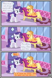 Size: 3254x4837 | Tagged: safe, artist:gutovi, applejack, rarity, pony, comic:why me!?, g4, carousel boutique, comic, fainting couch, high res