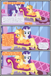 Size: 3254x4837 | Tagged: safe, artist:gutovi, applejack, rarity, pony, comic:why me!?, g4, carousel boutique, comic, fainting couch, female, high res, lesbian, mare, massage, ship:rarijack, shipping