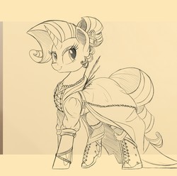 Size: 1280x1270 | Tagged: safe, artist:ncmares, rarity, g4, alternate hairstyle, clothes, dress, female, monochrome, sketch, smiling, solo