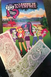 Size: 806x1200 | Tagged: safe, applejack, discord, fluttershy, pinkie pie, rarity, sci-twi, sunset shimmer, twilight sparkle, equestria girls, g4, my little pony equestria girls: legend of everfree, comic con, equestria girls logo, female, ponytail, san diego comic con, solo