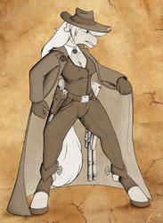 Size: 1024x1400 | Tagged: safe, artist:jamescorck, applejack, anthro, unguligrade anthro, g4, classic, clothes, cowgirl, female, gun, hat, pants, sepia, signature, solo, weapon