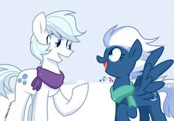 Size: 2000x1391 | Tagged: safe, artist:yaco, double diamond, night glider, party favor, sugar belle, earth pony, pegasus, pony, unicorn, g4, duo focus, equal four, female, male, mare, open mouth, snow, snowfall, stallion