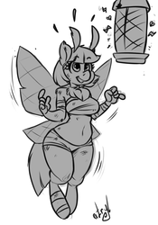 Size: 842x1200 | Tagged: safe, artist:atryl, oc, oc only, oc:shatterfly, mothpony, original species, anthro, unguligrade anthro, bandage, belly button, breasts, bug zapper, bugs doing bug things, female, grayscale, it's a trap, lamp, midriff, monochrome, sketch, solo, this will end in pain, this will end in tears and/or death