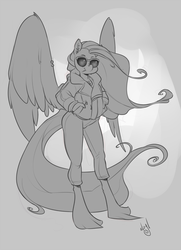 Size: 870x1200 | Tagged: safe, artist:atryl, fluttershy, oc, oc only, oc:wild spice, pegasus, anthro, unguligrade anthro, fallout equestria, clothes, coat, female, gray background, hands in pocket, jacket, monochrome, simple background, sketch, solo, spread wings, sunglasses, unshorn fetlocks, white background, wind, wings