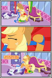 Size: 3254x4837 | Tagged: safe, artist:gutovi, applejack, rarity, pony, comic:why me!?, g4, bondage, carousel boutique, comic, fainting couch, female, high res, hogtied, lesbian, mare, massage, restrained, ship:rarijack, shipping