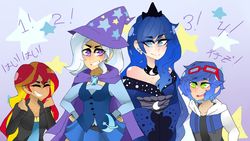 Size: 1600x900 | Tagged: safe, artist:xxsplattack-renxx, princess luna, sunset shimmer, trixie, human, g4, cape, clothes, crossover, hat, humanized, japanese, male, request, sonic the hedgehog, sonic the hedgehog (series), trixie's cape, trixie's hat, vest, waistcoat