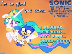 Size: 1320x980 | Tagged: safe, artist:pokeblahblahblah, princess celestia, pony, g4, crossover, holding a pony, male, parody, sonic the hedgehog, sonic the hedgehog (2006), sonic the hedgehog (series)