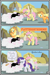 Size: 3254x4837 | Tagged: safe, artist:gutovi, applejack, fluttershy, rarity, pony, sheep, comic:why me!?, g4, black sheep, comic, female, high res, lesbian, mare, ship:rarijack, shipping, signature