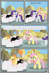 Size: 3254x4837 | Tagged: safe, artist:gutovi, applejack, fluttershy, rarity, pony, sheep, comic:why me!?, g4, black sheep, comic, female, high res, lesbian, mare, ship:rarijack, shipping, signature