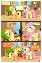 Size: 3254x4837 | Tagged: safe, artist:gutovi, applejack, fluttershy, pony, comic:why me!?, g4, comic, female, floppy ears, fluttershy's cottage, high res, lesbian, mare, scared face, ship:appleshy, shipping, signature