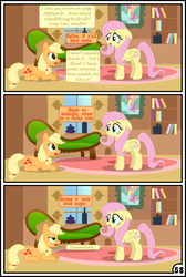 Size: 3254x4837 | Tagged: safe, artist:gutovi, applejack, fluttershy, pony, comic:why me!?, g4, applejack is not amused, coffee, comic, female, floppy ears, fluttershy's cottage, high res, lesbian, mare, ship:appleshy, shipping, signature, unamused