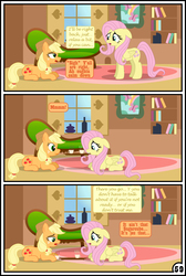 Size: 6508x9674 | Tagged: safe, artist:gutovi, applejack, fluttershy, pony, comic:why me!?, g4, absurd resolution, coffee, comic, female, fluttershy's cottage, lesbian, mare, ship:appleshy, shipping, signature