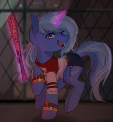 Size: 1280x1387 | Tagged: safe, artist:asianpony, trixie, pony, unicorn, g4, baseball bat, batman's enemies, clothes, crossover, female, harley quinn, harley trix, mare, solo, suicide squad, tongue out