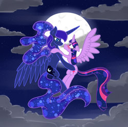 Size: 1024x1019 | Tagged: safe, artist:silkstroke, princess luna, twilight sparkle, alicorn, pony, g4, blushing, female, flying, lesbian, mare, moon, night, ship:twiluna, shipping, twilight sparkle (alicorn)