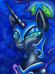 Size: 2468x3285 | Tagged: safe, artist:lunar-white-wolf, nightmare moon, alicorn, pony, g4, female, high res, mare, marker drawing, planet, portrait, solo, traditional art