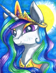 Size: 2436x3208 | Tagged: safe, artist:lunar-white-wolf, princess celestia, alicorn, pony, g4, bust, female, high res, mare, marker drawing, portrait, solo, sun, traditional art