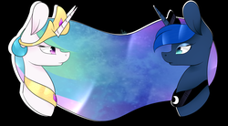 Size: 2900x1604 | Tagged: safe, artist:ahido, princess celestia, princess luna, alicorn, pony, g4, ethereal mane, female, looking at each other, mare, portrait, royal sisters, simple background