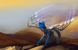 Size: 2200x1424 | Tagged: safe, artist:viwrastupr, oc, oc only, oc:flint, pony, unicorn, artificial wings, augmented, clothes, desert, mechanical wing, solo, uniform