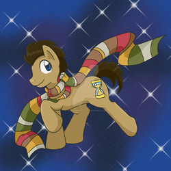 Size: 1024x1024 | Tagged: safe, artist:yoshimarsart, doctor whooves, time turner, earth pony, pony, g4, clothes, fourth doctor's scarf, male, raised hoof, scarf, solo, stallion, striped scarf, watermark