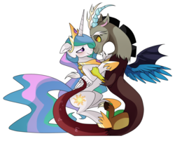 Size: 1024x824 | Tagged: safe, artist:alicornparty, artist:hikariviny, discord, princess celestia, g4, female, floppy ears, hug, looking at each other, male, nuzzling, ship:dislestia, shipping, simple background, straight, transparent background
