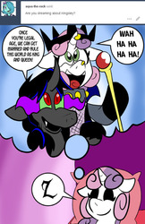 Size: 486x750 | Tagged: safe, artist:pembroke, king sombra, sweetie belle, ask meanie belle, g4, crown, dream, happy, jewelry, laughing, meanie belle, queen, regalia, scepter, smiling