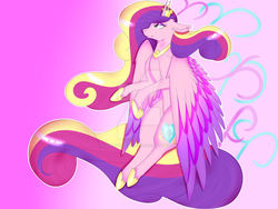 Size: 1024x768 | Tagged: safe, artist:chrysalisgalaxy19, princess cadance, alicorn, pony, g4, female, floppy ears, flying, large wings, looking up, solo, watermark, wings