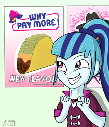 Size: 3000x3500 | Tagged: safe, artist:linlaifeng, sonata dusk, equestria girls, g4, female, fine print, food, grin, high res, poster, product placement, smiling, solo, sonataco, taco, taco bell, that girl sure loves tacos, that siren sure does love tacos