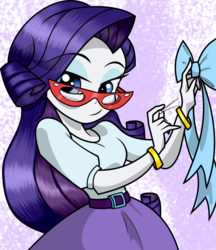 Size: 1024x1183 | Tagged: safe, artist:alligatorgummy, artist:lunchie, rarity, equestria girls, g4, my little pony equestria girls: rainbow rocks, abstract background, belt, belt buckle, bow, bracelet, buckle, credits, eyebrows, eyebrows visible through hair, female, jewelry, shine like rainbows, solo