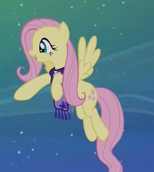 Size: 581x646 | Tagged: safe, screencap, fluttershy, pony, a hearth's warming tail, g4, clothes, cropped, female, mare, pointing, scarf, solo, spread wings, wings