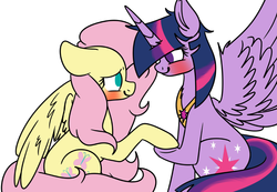 Size: 995x687 | Tagged: safe, artist:tehcherrydeviant6911, artist:tehgamingcherryyt, fluttershy, twilight sparkle, alicorn, pony, g4, blushing, female, holding hooves, jewelry, lesbian, looking at each other, regalia, ship:twishy, shipping, simple background, smiling, spread wings, twilight sparkle (alicorn), white background