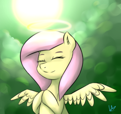 Size: 2607x2444 | Tagged: safe, artist:wolfy-pony, fluttershy, g4, eyes closed, female, halo, high res, hooves together, smiling, solo, spread wings