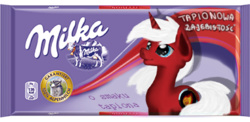 Size: 380x186 | Tagged: safe, artist:kotelen, oc, oc only, oc:flame implosion, pony, unicorn, chocolate, food, milka, polish, red, solo