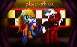 Size: 1325x800 | Tagged: safe, artist:kotelen, oc, oc only, oc:flame implosion, oc:pumpkin cloud, pegasus, pony, robot, robot pony, unicorn, animatronic, fnaf 2