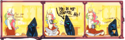 Size: 3618x1166 | Tagged: safe, artist:alumx, nightmare moon, princess celestia, g4, cloak, clothes, coffee, comic, dialogue, food, hand, magic, magic hands, newspaper, nom, pancakes, telekinesis, tsundere moon