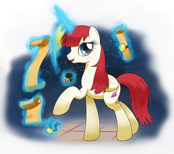 Size: 1360x1200 | Tagged: safe, artist:hoyeechun, oc, oc only, oc:fausticorn, alicorn, pony, alicorn oc, ink, lauren faust, magic, quill, scroll, solo