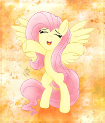Size: 900x1050 | Tagged: safe, artist:joakaha, fluttershy, pegasus, pony, g4, bipedal, cute, eyes closed, female, hug, incoming hug, open mouth, shyabetes, smiling, solo, spread wings