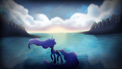 Size: 1024x576 | Tagged: safe, artist:alcia526, princess luna, g4, cloud, female, scenery, shooting star, solo, stars, sunset, water, wingless