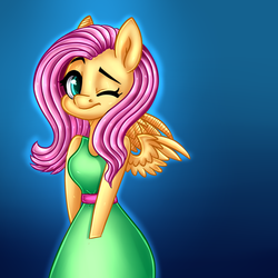 Size: 1024x1024 | Tagged: safe, artist:pinipy, fluttershy, anthro, g4, clothes, dress, female, gradient background, one eye closed, solo, wink