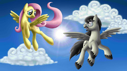 Size: 4000x2250 | Tagged: safe, artist:mekamaned, fluttershy, oc, g4, cloud, flying