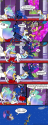 Size: 1200x3088 | Tagged: safe, artist:gegenschein17, discord, prince blueblood, princess celestia, princess luna, alicorn, draconequus, pony, unicorn, g4, bruised, hammerspace hair, red eyes take warning, star trek, uss enterprise, voice actor joke