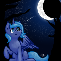 Size: 3000x3000 | Tagged: safe, artist:xxtombstonexx, princess luna, g4, female, filly, high res, moon, raised hoof, sitting, solo, spread wings, stars, woona