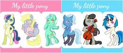 Size: 1600x700 | Tagged: safe, artist:paro, bon bon, derpy hooves, dj pon-3, lyra heartstrings, octavia melody, sweetie drops, trixie, vinyl scratch, earth pony, pegasus, pony, unicorn, g4, adorabon, bipedal, blushing, bowtie, cello, cloud, cute, eyes closed, glasses, hand on hip, holding, hug, looking at you, looking back, looking back at you, lyrabetes, musical instrument, open mouth, smiling, smiling at you, standing, standing on one leg, tavibetes, vinylbetes