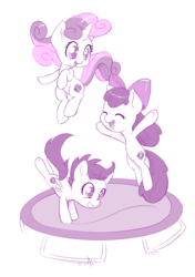 Size: 846x1200 | Tagged: safe, artist:dstears, apple bloom, scootaloo, sweetie belle, g4, adorabloom, bouncing, cute, cutealoo, cutie mark, cutie mark crusaders, diasweetes, jumping, monochrome, simple background, the cmc's cutie marks, trampoline, white background