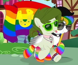 Size: 1280x1069 | Tagged: safe, artist:saionixfiction, oc, oc only, bracelet, clothes, collar, ear piercing, female symbol, gay pride flag, glasses, grin, heart, jewelry, orlando, piercing, pride, pride flag, pride socks, rainbow hair, rainbow socks, smiling, socks, striped socks, sunglasses, tongue out