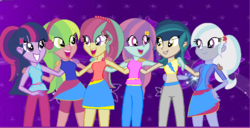 Size: 720x370 | Tagged: safe, artist:starpaintmusic11, indigo zap, lemon zest, sci-twi, sour sweet, sugarcoat, sunny flare, twilight sparkle, equestria girls, g4, alternate universe, clothes, midriff, shadow six, sports bra