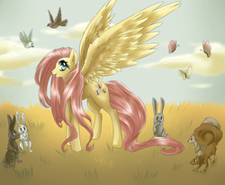 Size: 2200x1800 | Tagged: safe, artist:chocori, fluttershy, bird, pegasus, pony, rabbit, squirrel, g4, animal, female, looking at you, mare, open mouth, profile, spread wings, standing