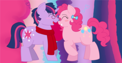 Size: 2520x1312 | Tagged: safe, artist:strawberry-spritz, pinkie pie, twilight sparkle, pony, g4, blushing, clothes, duo, dusk shine, eyes closed, female, glasses, hair bow, half r63 shipping, heart, male, rule 63, scarf, ship:duskpie, ship:twinkie, shipping, straight